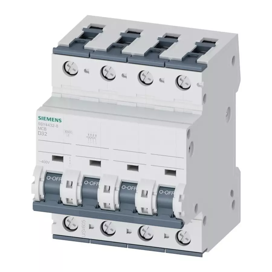 Siemens Sentron 5SY4 MCB, 4P, 32A Curve D, 400V AC, 10 kA Breaking Capacity, 5SY4432-8