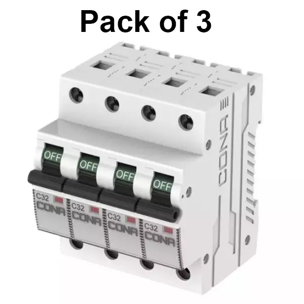Cona Miniature Circuit Breaker (MCB) Safetrip B Type 32 Amp, 6 kA Four Pole, 3631 (Pack of 3 Pcs)