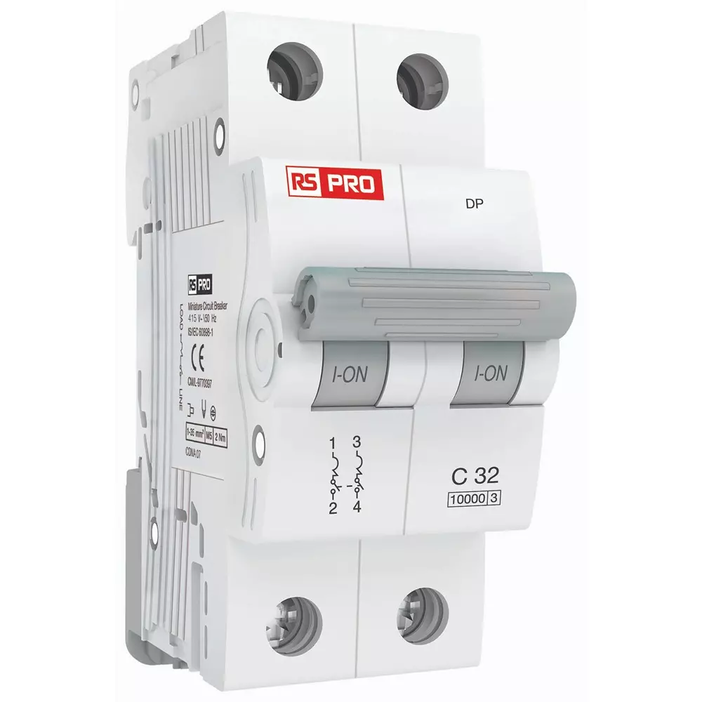 RS PRO Miniature Circuit Breaker 4 Amp Type C 2 Pole 240 V AC/DC 6 kA Breaking Capacity Thermal Magnetic IP20, 2650176