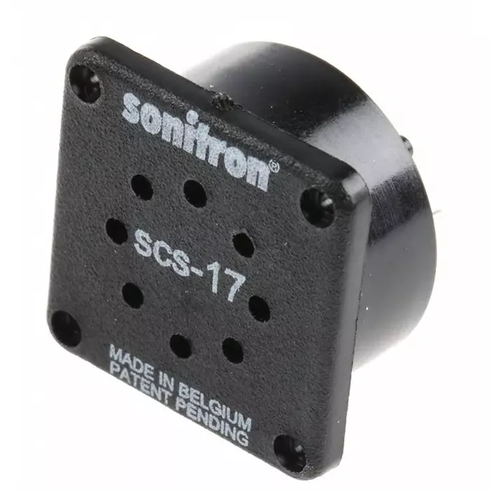 Sonitron Piezoelectric Miniature Speaker 88dB 700-8000 Hz 20nF 5.8 mm Lead Length 18.6x18.6x9.7 mm, SCS-17-P10