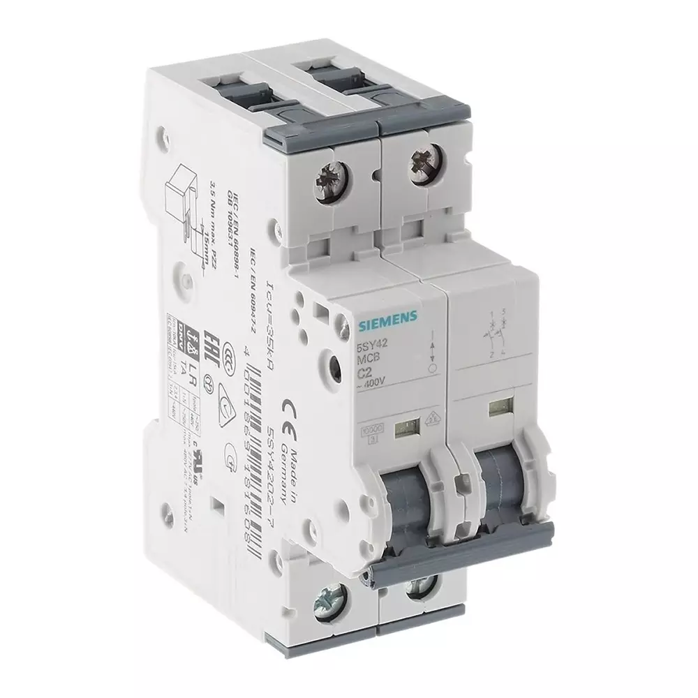 Siemens Sentron 5SY4 MCB, 2P, 2A Curve C, 400V AC, 400V DC, 10 kA Breaking Capacity, 5SY4202-7