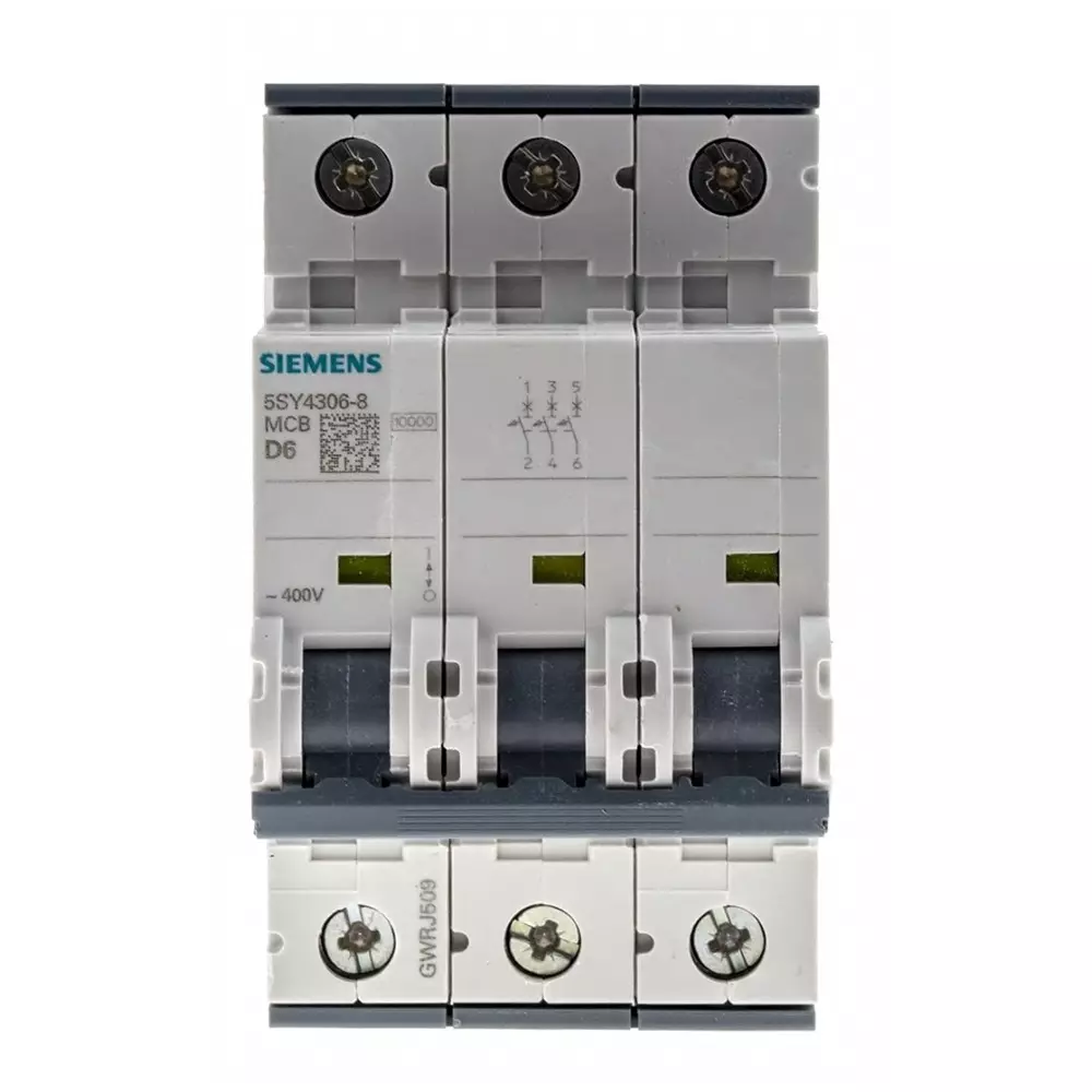 Siemens Sentron 5SY4 MCB, 3P, 6A Curve D, 400V AC, 10 kA Breaking Capacity, 5SY4306-8