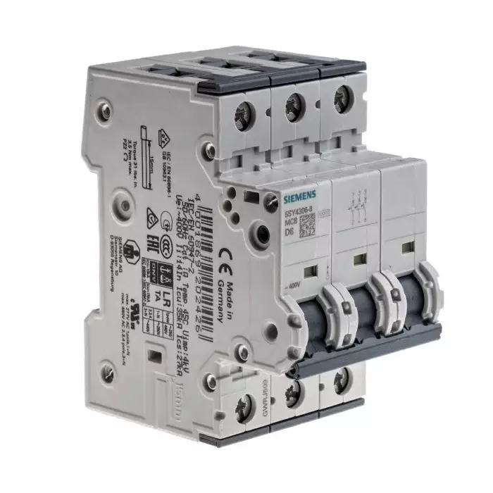 Siemens Sentron 5SY4 MCB, 3P, 6A Curve D, 400V AC, 10 kA Breaking Capacity, 5SY4306-8