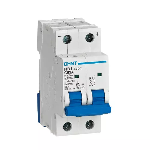 Chint Miniature Circuit Breaker (DC MCB) 2 Pole 50 Amp 500 V DC C Type Curve 6 kA Breaking Capacity, 182725