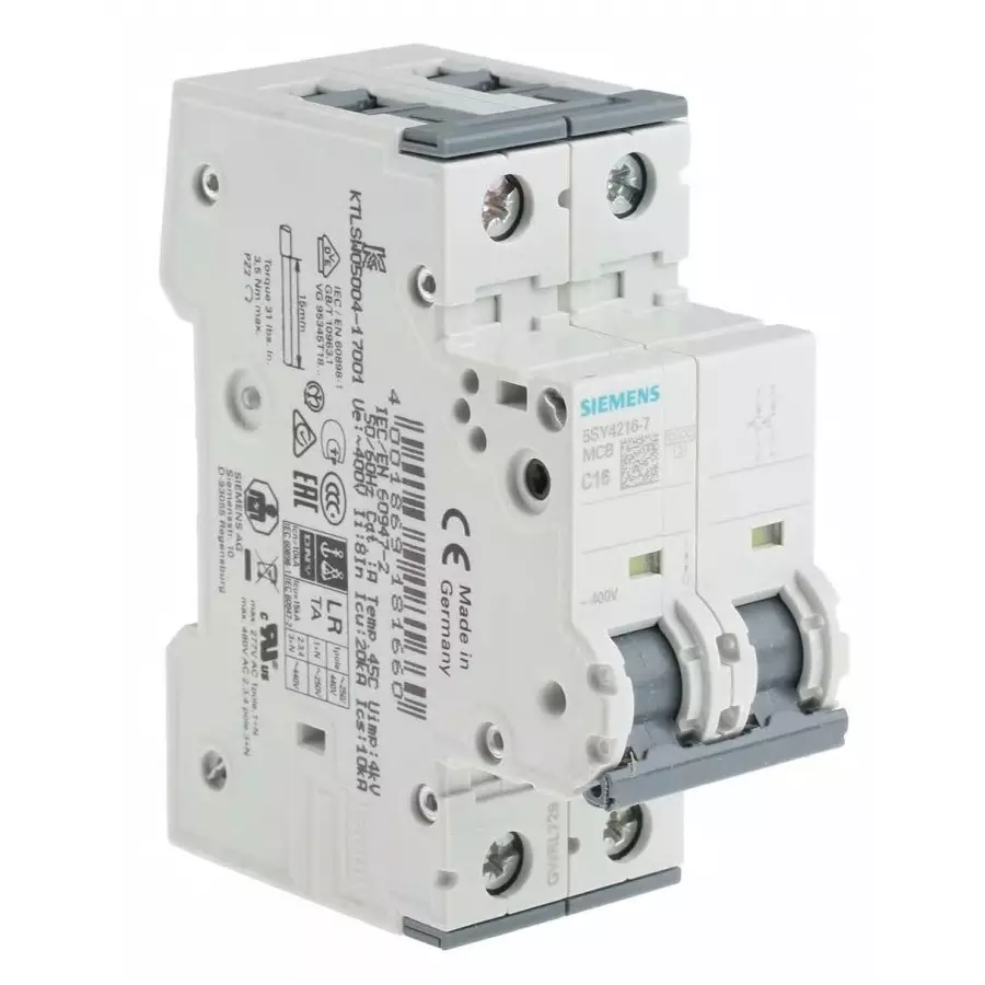 Siemens Sentron 5SY4 MCB, 2P, 16A Curve C, 400V AC, 72V DC, 10 kA Breaking Capacity, 5SY4216-7