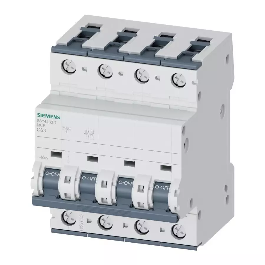 Siemens Sentron 5SY4 MCB, 4P, 63A Curve C, 400V AC, 10 kA Breaking Capacity, 5SY4463-7
