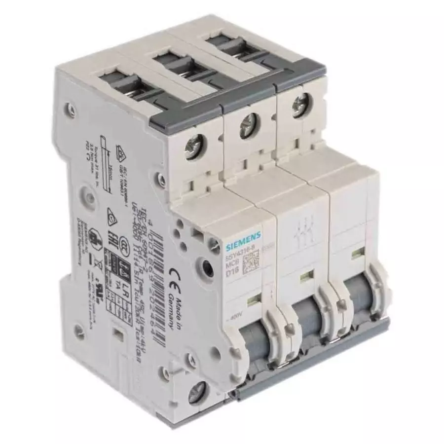 Siemens Sentron 5SY4 MCB, 3P, 16A Curve D, 400V AC, 10 kA Breaking Capacity, 5SY4316-8