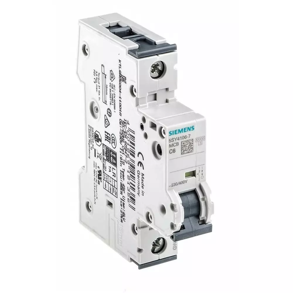 Siemens Sentron 5SY4 MCB, 1P, 6A Curve C, 400V AC, 10 kA Breaking Capacity, 5SY4106-7