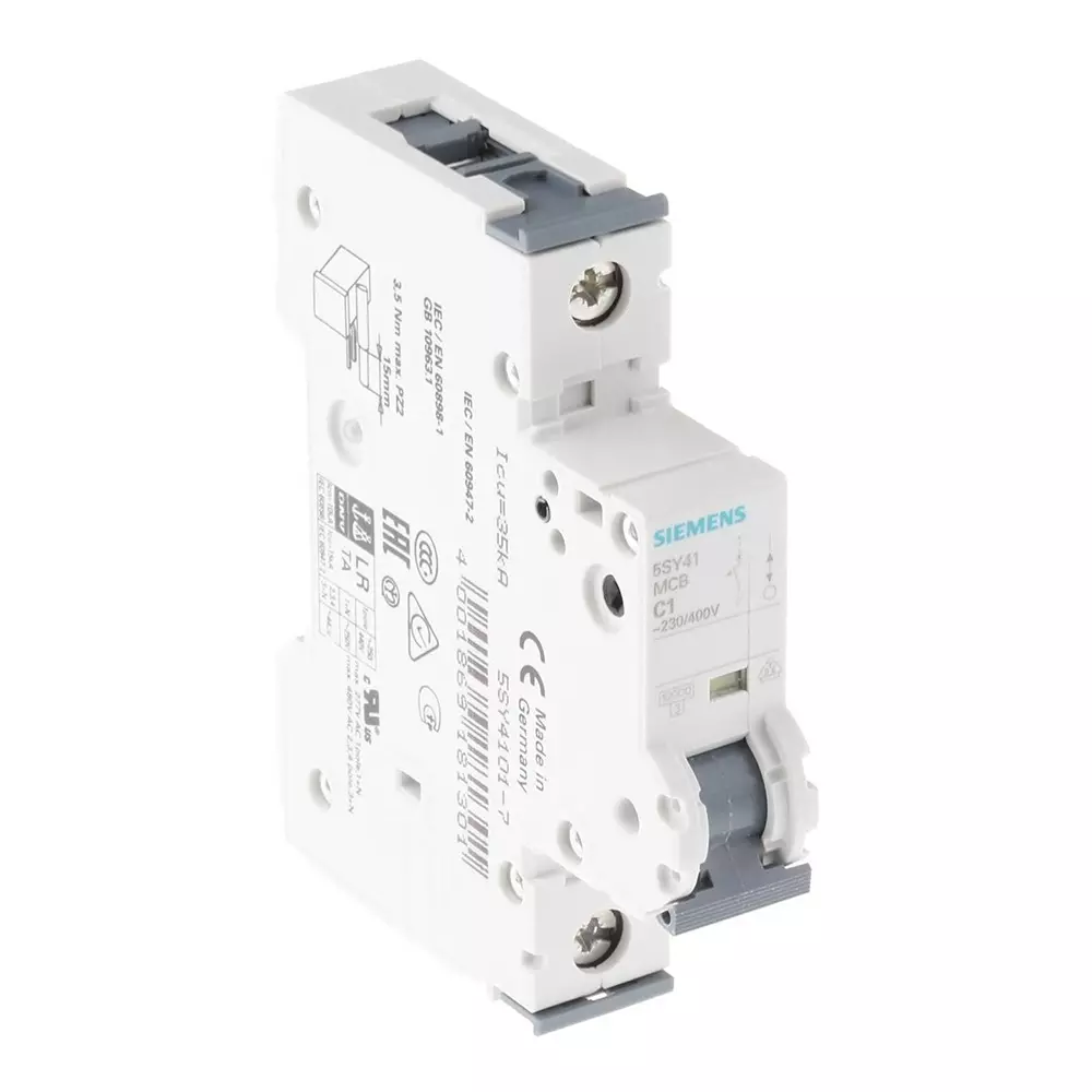 Siemens Sentron 5SY4 MCB, 1P, 1A Curve C, 230V AC, 10 kA Breaking Capacity, 5SY4101-7