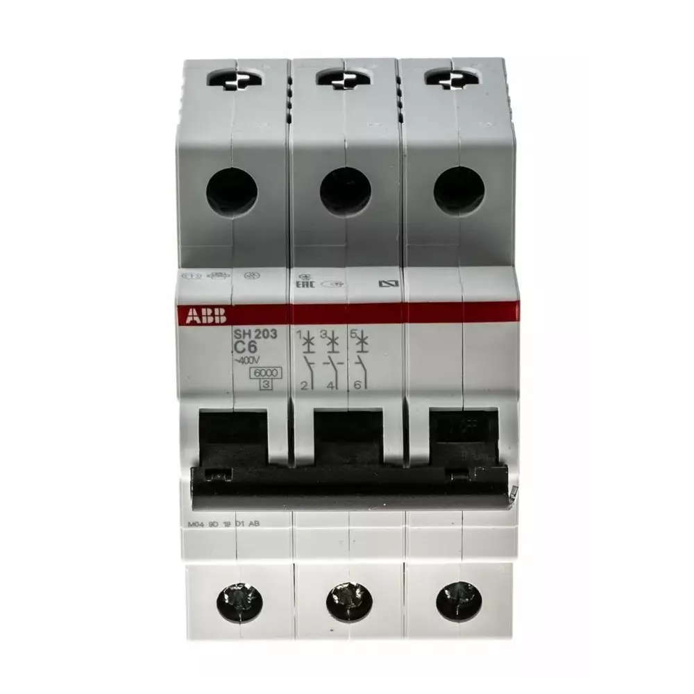 ABB Compact Home SH200 MCB, 3P, 6A Curve C, 440 V AC, 6 kA Breaking Capacity, 2CDS213001R0064SH203-C6