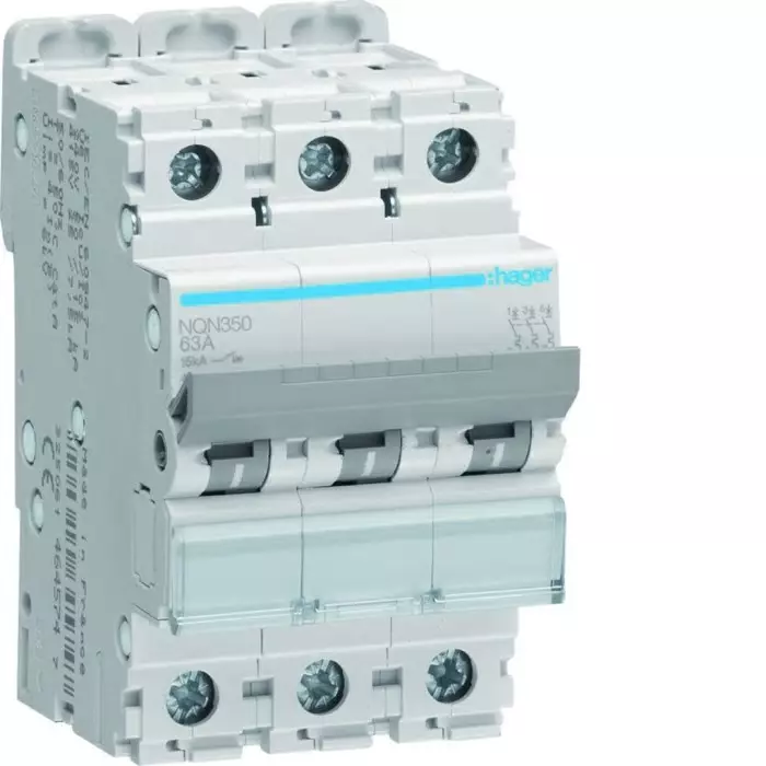 Hager NQN MCB, 3P, 50A Curve B, 415V AC, 15 kA Breaking Capacity, NQN350