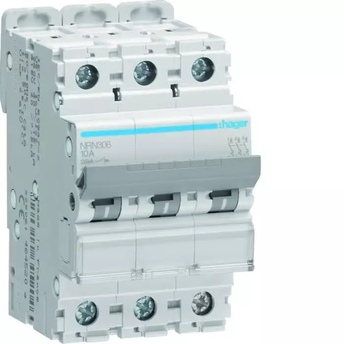 Hager NRN MCB, 3P, 6A Curve C, 415V AC, 25 kA Breaking Capacity, NRN306