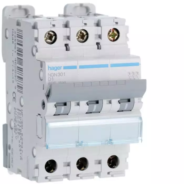 Hager NGN MCB, 3P, 1A Curve D, 400V AC, 10 kA Breaking Capacity, NGN301