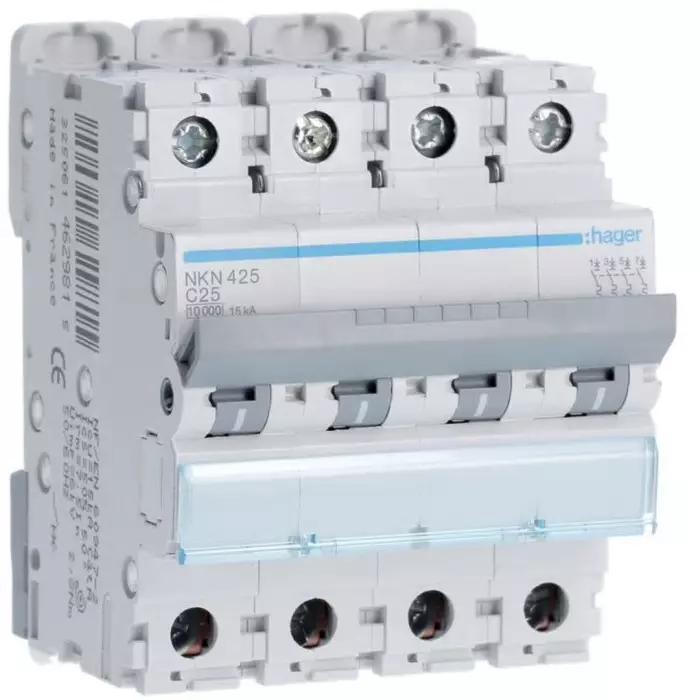 Hager NKN MCB, 4P, 25A Curve C, 400V AC, 15 kA Breaking Capacity, NKN425