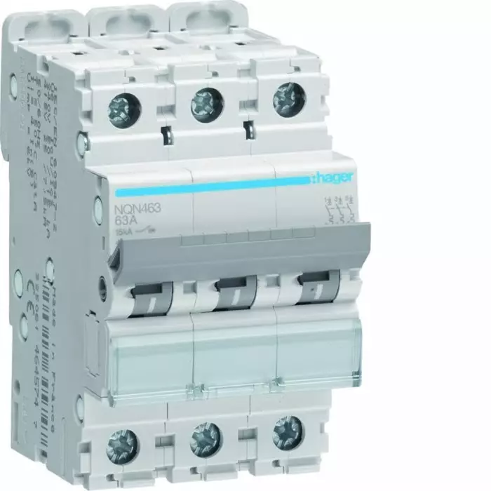 Hager NQN MCB, 4P, 63A Curve B, 415V AC, 15 kA Breaking Capacity, NQN463