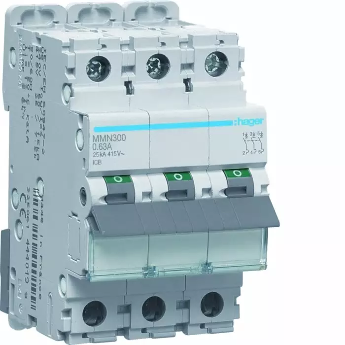 Hager mmN MCB, 2P, 630mA, 415V AC, 25 kA Breaking Capacity, MMN300