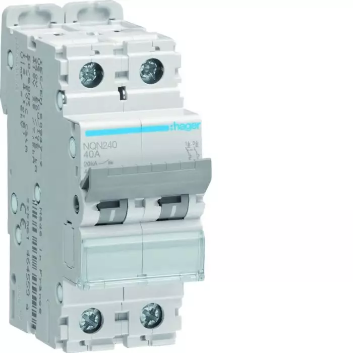 Hager NQN MCB, 2P, 40A Curve B, 415V AC, 20 kA Breaking Capacity, NQN240