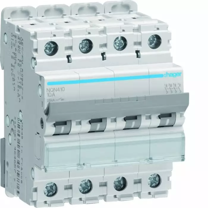 Hager NQN MCB, 4P, 10A Curve B, 415V AC, 25 kA Breaking Capacity, NQN410