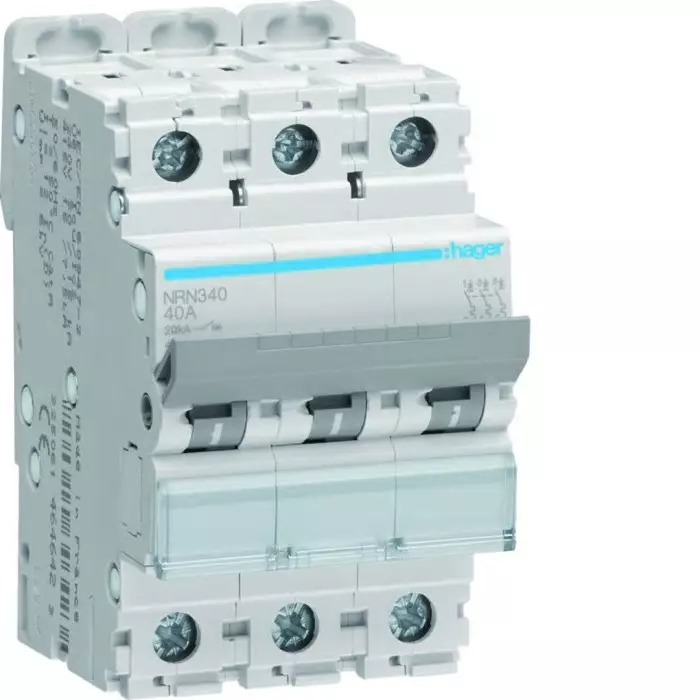 Hager NRN MCB, 3P, 40A Curve C, 415V AC, 20 kA Breaking Capacity, NRN340