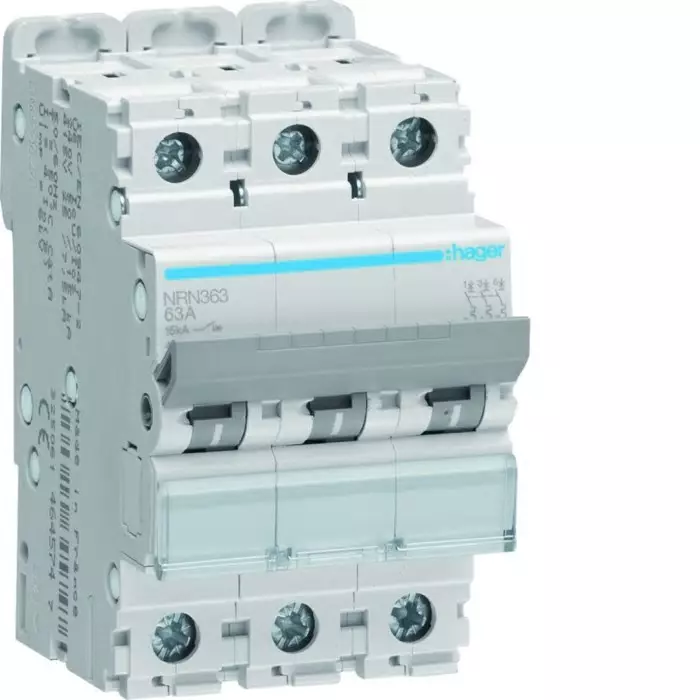 Hager NRN MCB, 3P, 63A Curve C, 415V AC, 15 kA Breaking Capacity, NRN363