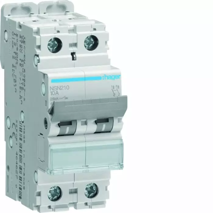 Hager NSN MCB, 2P, 10A Curve D, 415V AC, 25 kA Breaking Capacity, NSN210