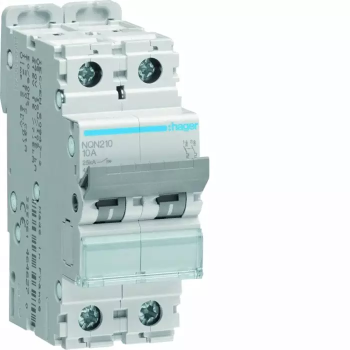 Hager NQN MCB, 2P, 10A Curve B, 415V AC, 25 kA Breaking Capacity, NQN210