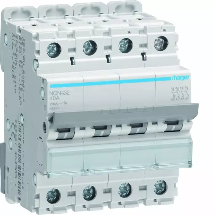 Hager NQN MCB, 4P, 32A Curve B, 415V AC, 20 kA Breaking Capacity, NQN432