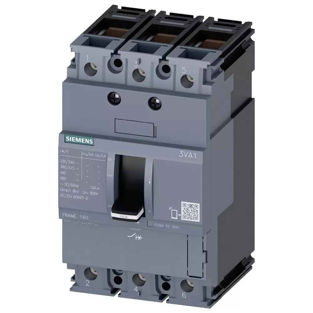 Siemens SENTRON MCCB 3P 125A, Breaking Capacity 25 kA, Fixed Mount, 3VA1112-3ED36-0AA0