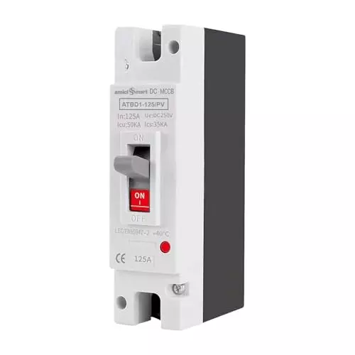 amiciSmart Solar MCCB 125 A 1 Pole DC Circuit Breaker 250/600 V Overload Short Circuit 50 kA PV Protection, 1xDC-MCCB-125A-1P