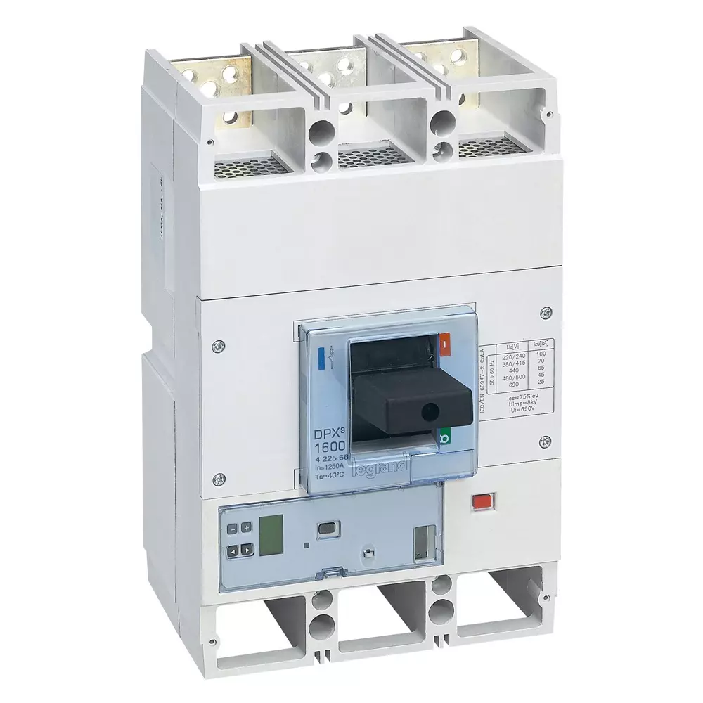 Legrand DPX³ 1600 MCCB with New Electronics S1 Protection Unit, Electronic Earth Leakage Module Fixed Version 3 Poles and 1250 A Current, 422566