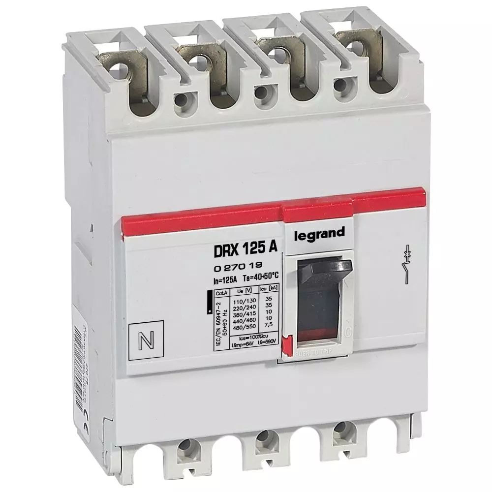 Legrand DRX 100 MCCB 4 Pole 125 A Current and 10 kA Breaking Capacity, 27019