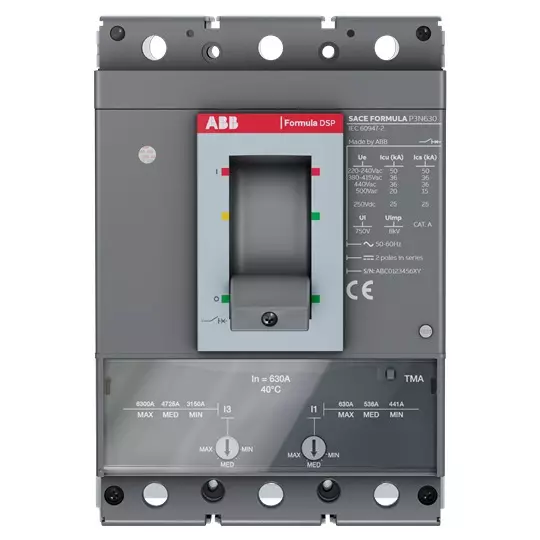 ABB SACE Formula DSP Molded Case Circuit Breaker 240 V AC 441-630 Amp 3 Pole 50 kA, 1SDA116382R1