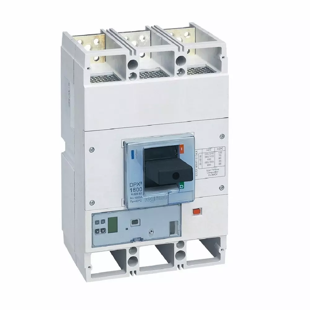 Legrand DPX³ 1600 MCCB with New Electronics S1 Protection Unit, Electronic Earth Leakage Module Fixed Version 3 Poles and 1600 A Current, 422567