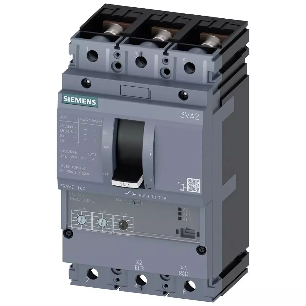 Siemens SENTRON MCCB 3P 100A, Breaking Capacity 55 kA, Fixed Mount, 3VA2110-5HL32-0AA0