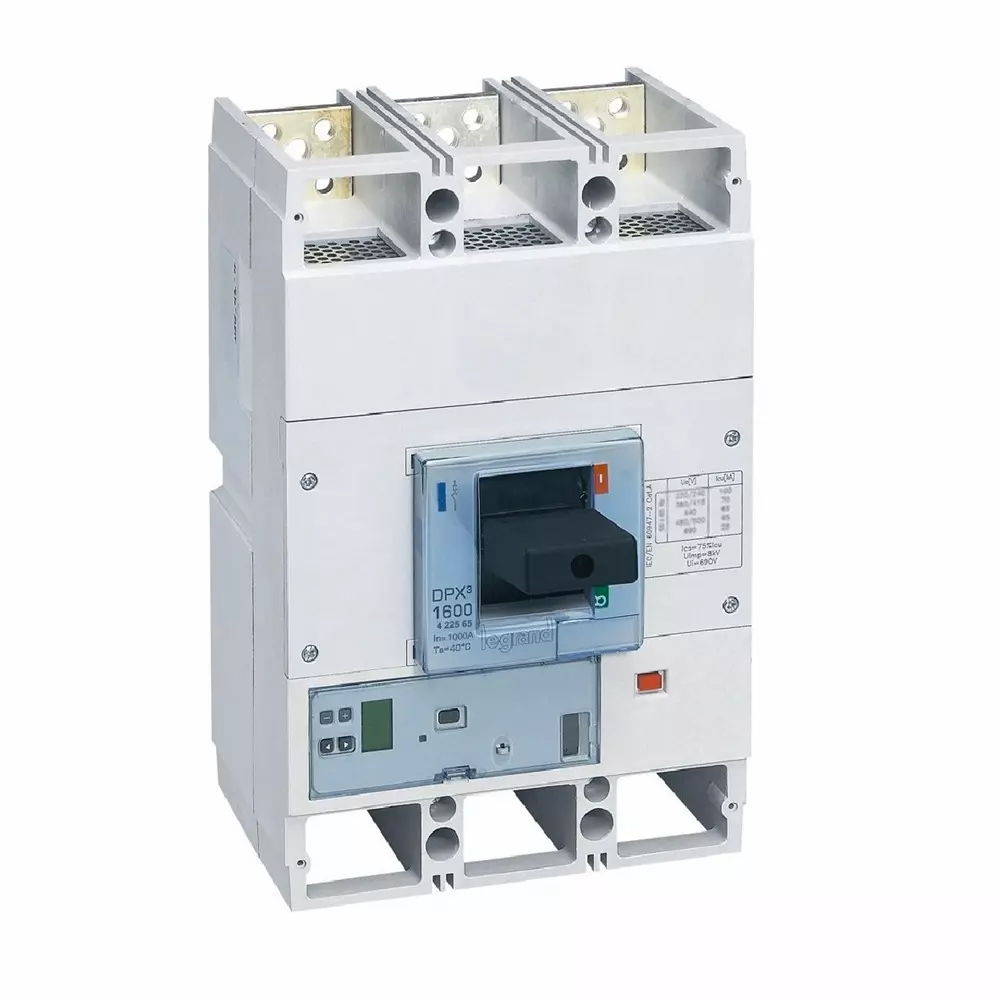 Legrand DPX³ 1600 MCCB with New Electronics S1 Protection Unit, Electronic Earth Leakage Module Fixed Version 3 Poles and 1000 A Current, 422565
