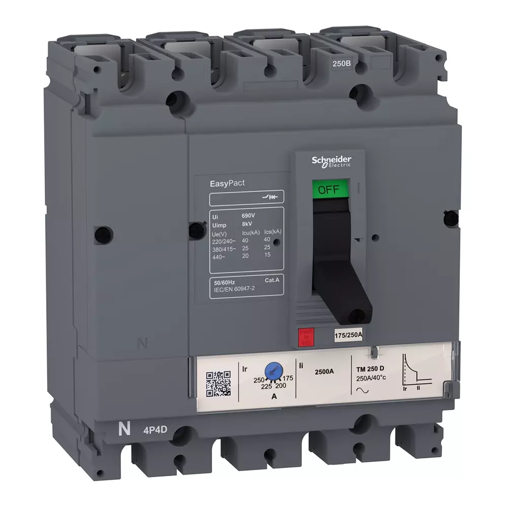 Schneider Electric EasyPact CVS Moulded Case Circuit Breaker (MCCB) 125 A 4 Pole Thermal Magnetic 25 kA Breaking Capacity, LV516312