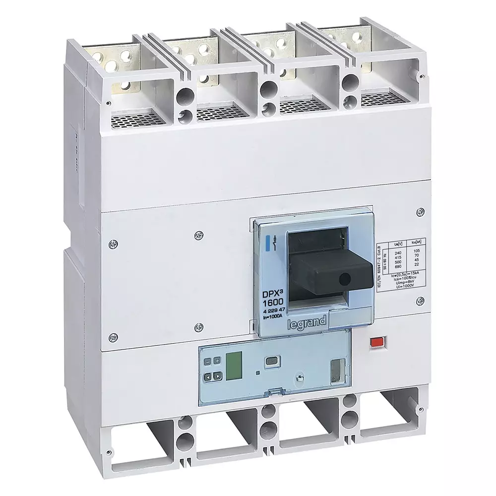 Legrand DPX³ 1600 MCCB with New Electronics S10 Protection Unit 4 Pole 1000 A Current and 70 kA Breaking Capacity, 422947