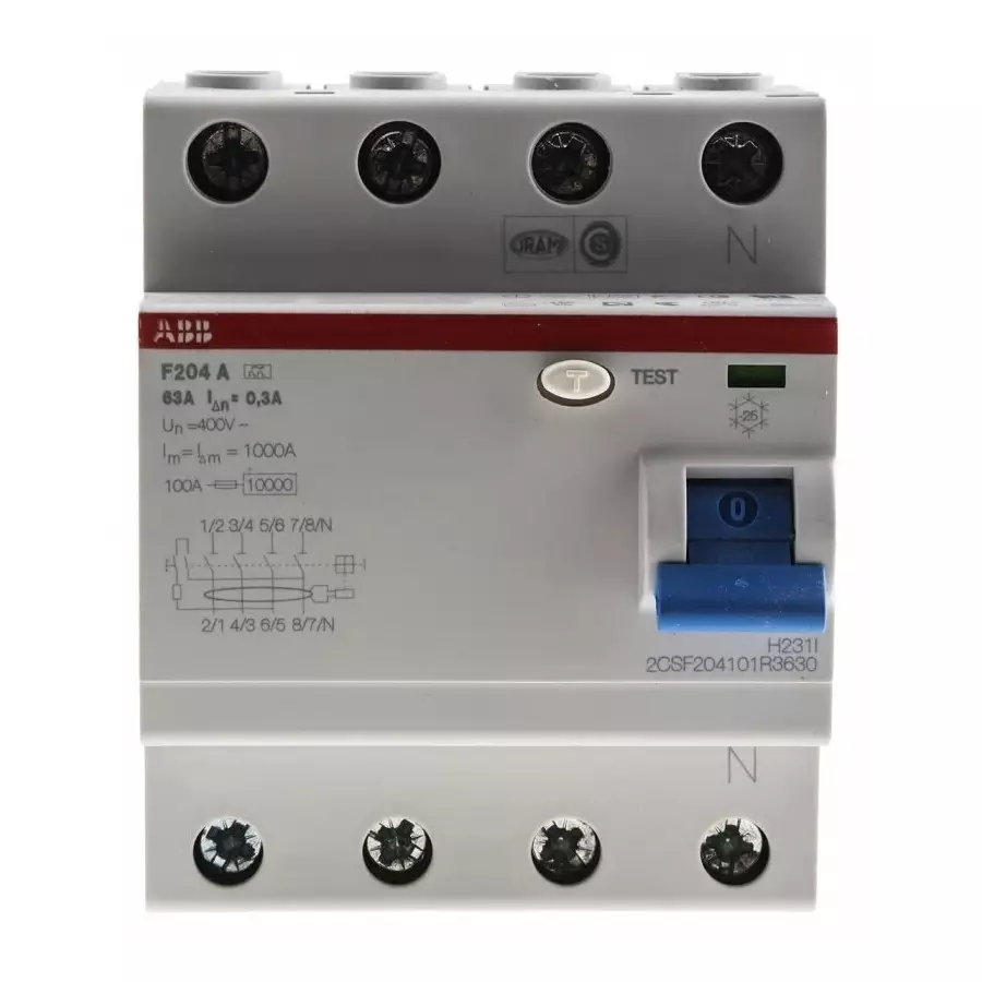 ABB F200 RCCB, 63A, 4 Pole, 300mA, Type A, 2CSF204101R3630