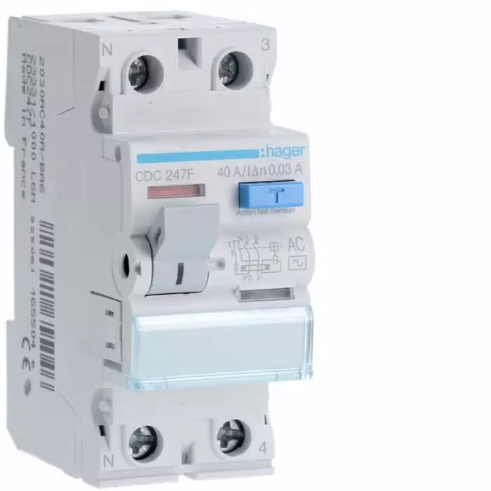 Hager CDC RCCB, 40A, 2 Pole, 30mA, Type AC, 127 - 230V ac, CDC247F