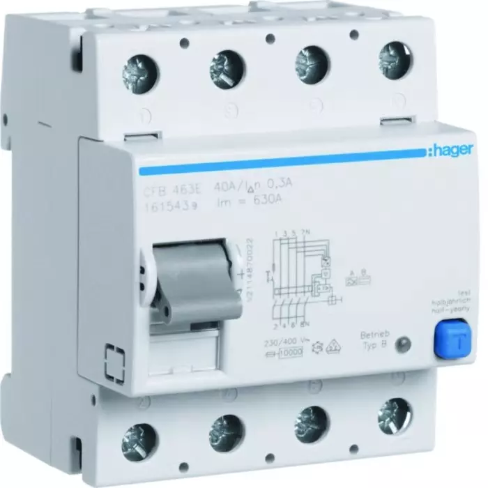 Hager CFB RCCB, 63A, 4 Pole, 300mA, Type B, 230 - 400V ac, CFB463E