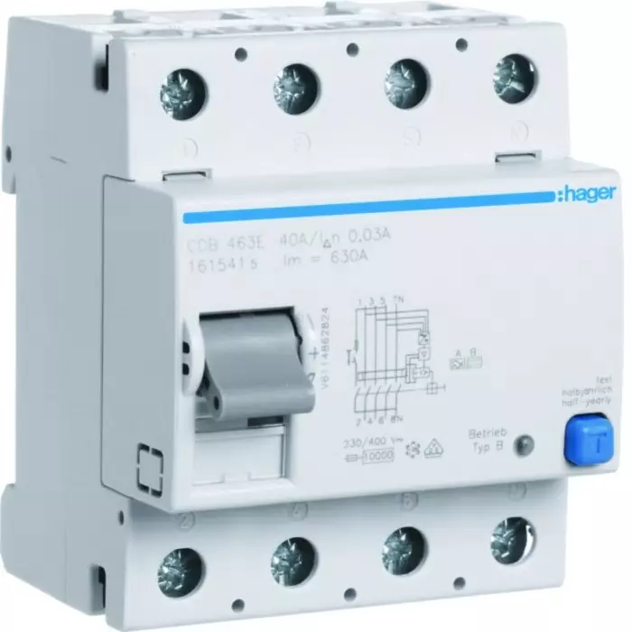 Hager CDB RCCB, 63A, 4 Pole, 30mA, Type B, 230 - 400V ac, CDB463E