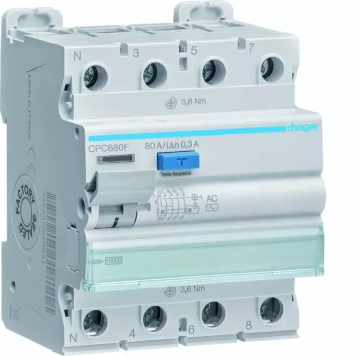 Hager CPC RCCB, 80A, 3P+N Pole, 300mA, Type AC, 230 - 400V ac, CPC680F