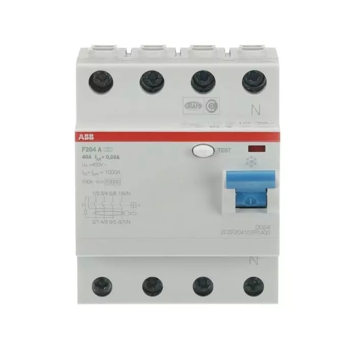 ABB F200 RCCB, 40A, 4 Pole, 30mA, Type A, 400 V AC, 2CSF204101R1400
