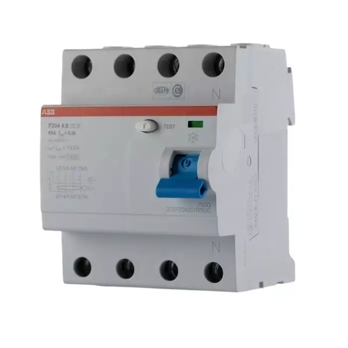 ABB F200 RCCB, 63A, 4 Pole, 100mA, Type A, 230/400 V AC, 2CSF204201R2630F204
