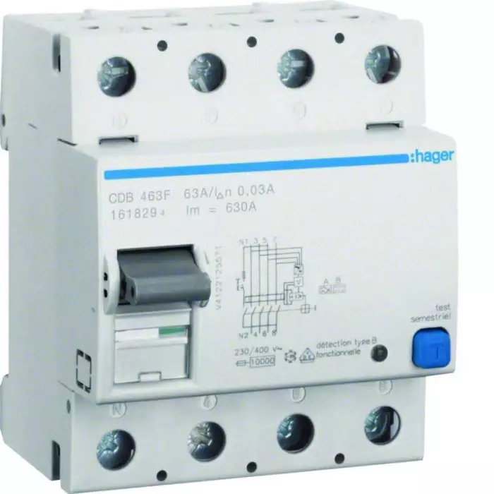 Hager CDB RCCB, 63A, 4 Pole, 30mA, Type B, 230 - 400V ac, CDB463F
