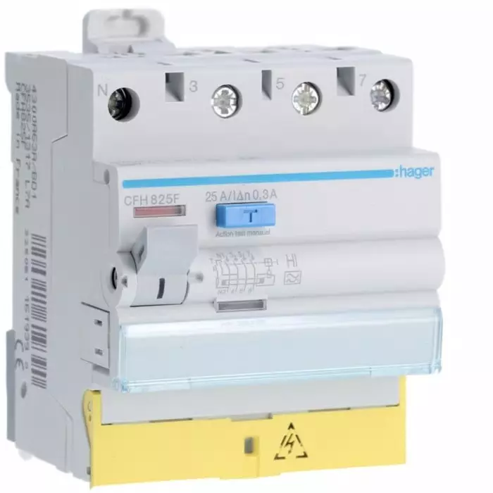 Hager CFH RCCB, 25A, 3P+N Pole, 300mA, Type A-HI, 230 - 400V ac, CFH825F