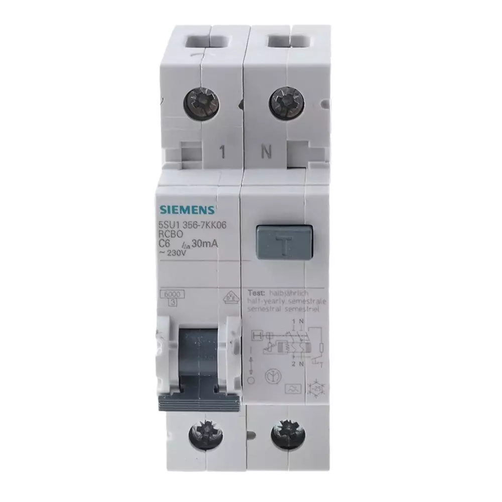 Siemens RCBO, 6A Current Rating, 1P+N Poles, 30mA Trip Sensitivity, Type C, Sentron Range, 5SU1356-7KK06
