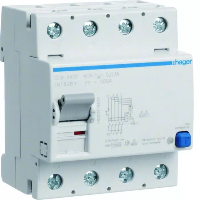 Hager CDB RCCB, 40A, 4 Pole, 30mA, Type B, 230 - 400V ac, CDB440F