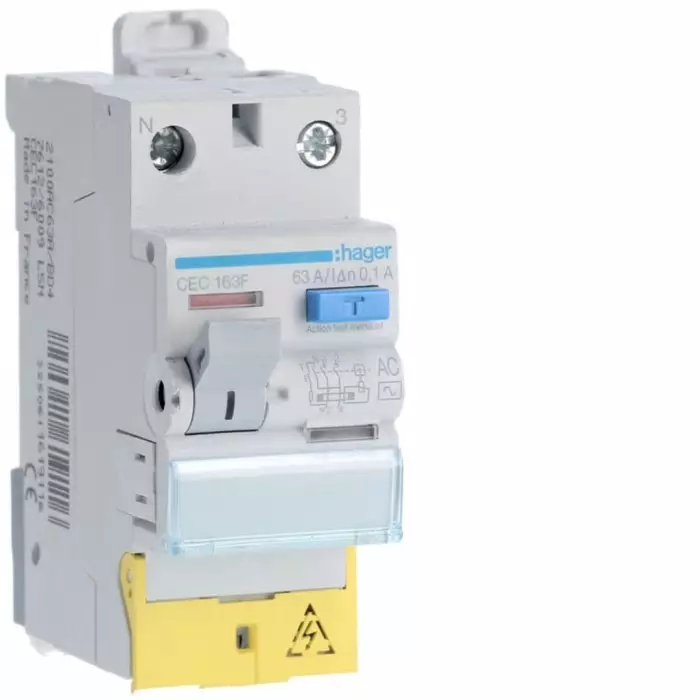 Hager CEC RCCB, 63A, 1P+N Pole, 100mA, Type AC, 230V ac, CEC163F