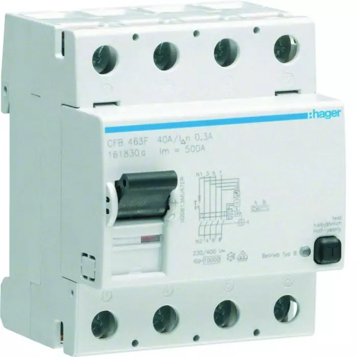 Hager CFB RCCB, 63A, 4 Pole, 300mA, Type B, 230 - 400V ac, CFB463F